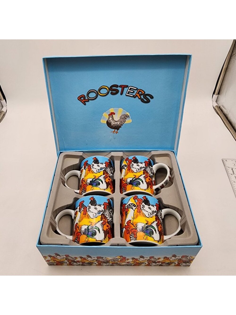 Vintage Paul Cardew Roosters Mug Set (4) in Original Box